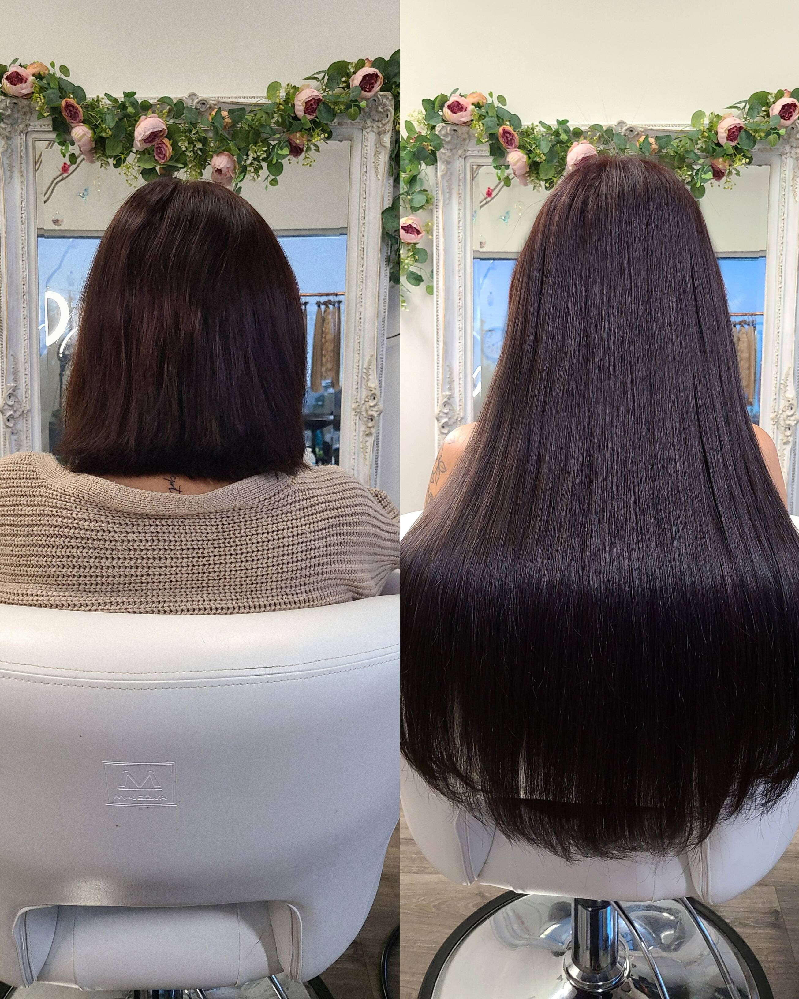 Before and after of the same client with long, seamlessly blended dark extensions