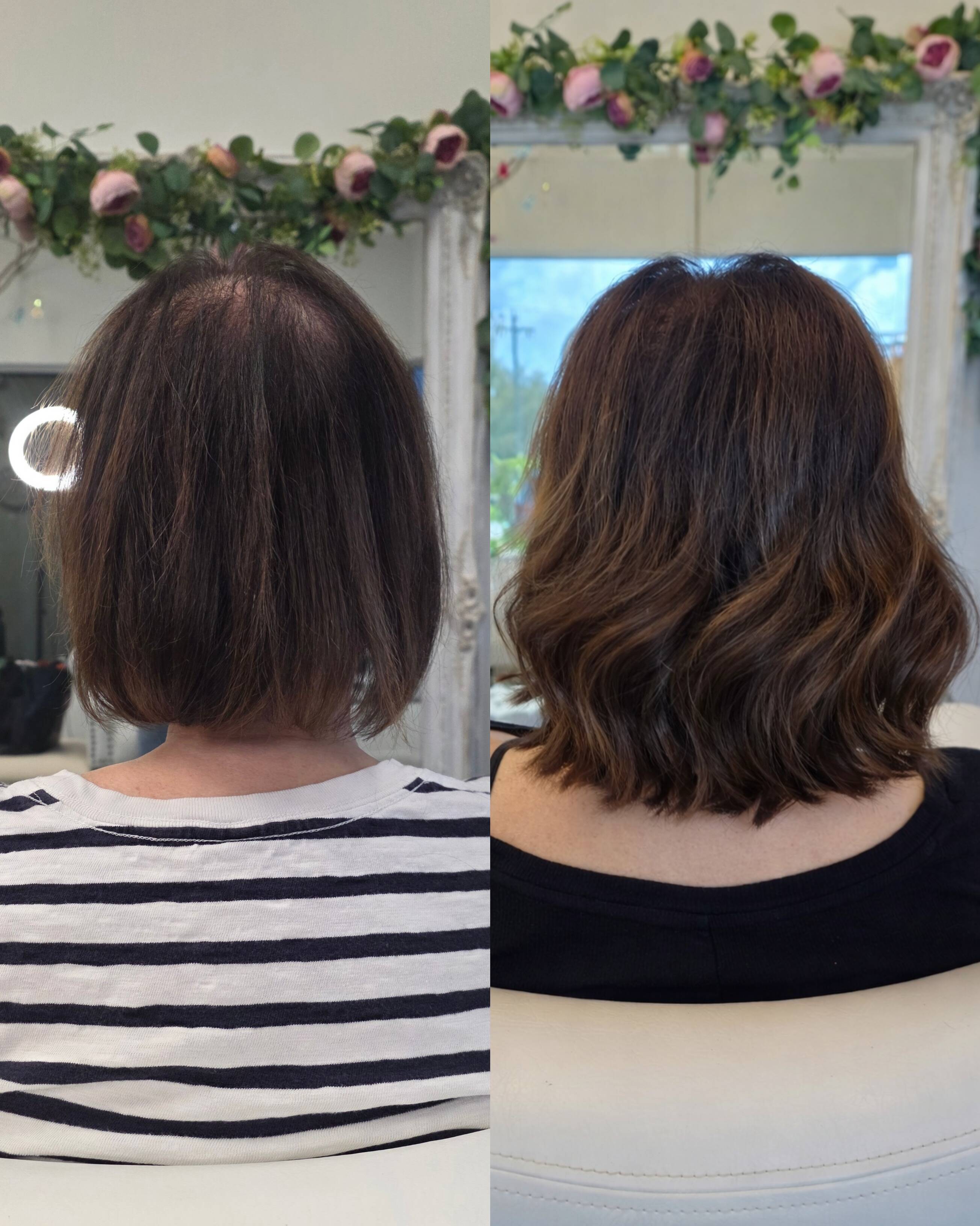 Before and after of the same client with natural volume and dimensional brunette color