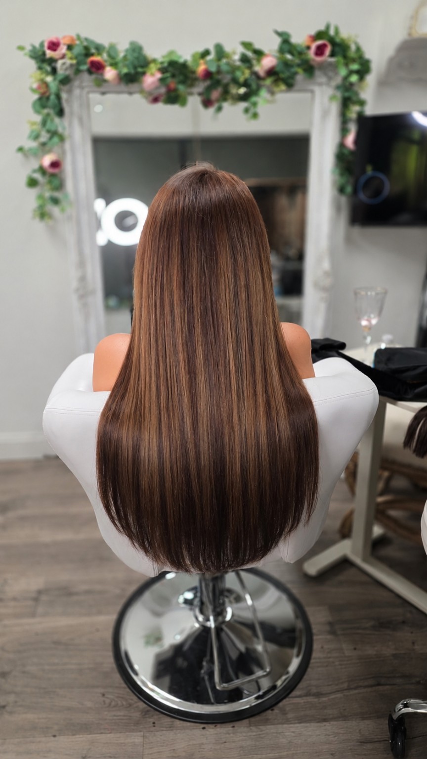 Long polished dimensional brunette hair extension result