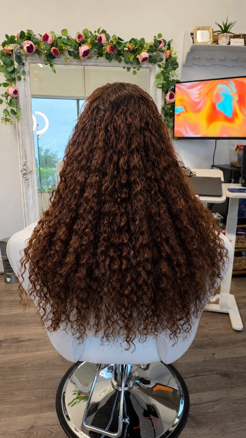 Long natural curly brunette hair extension result